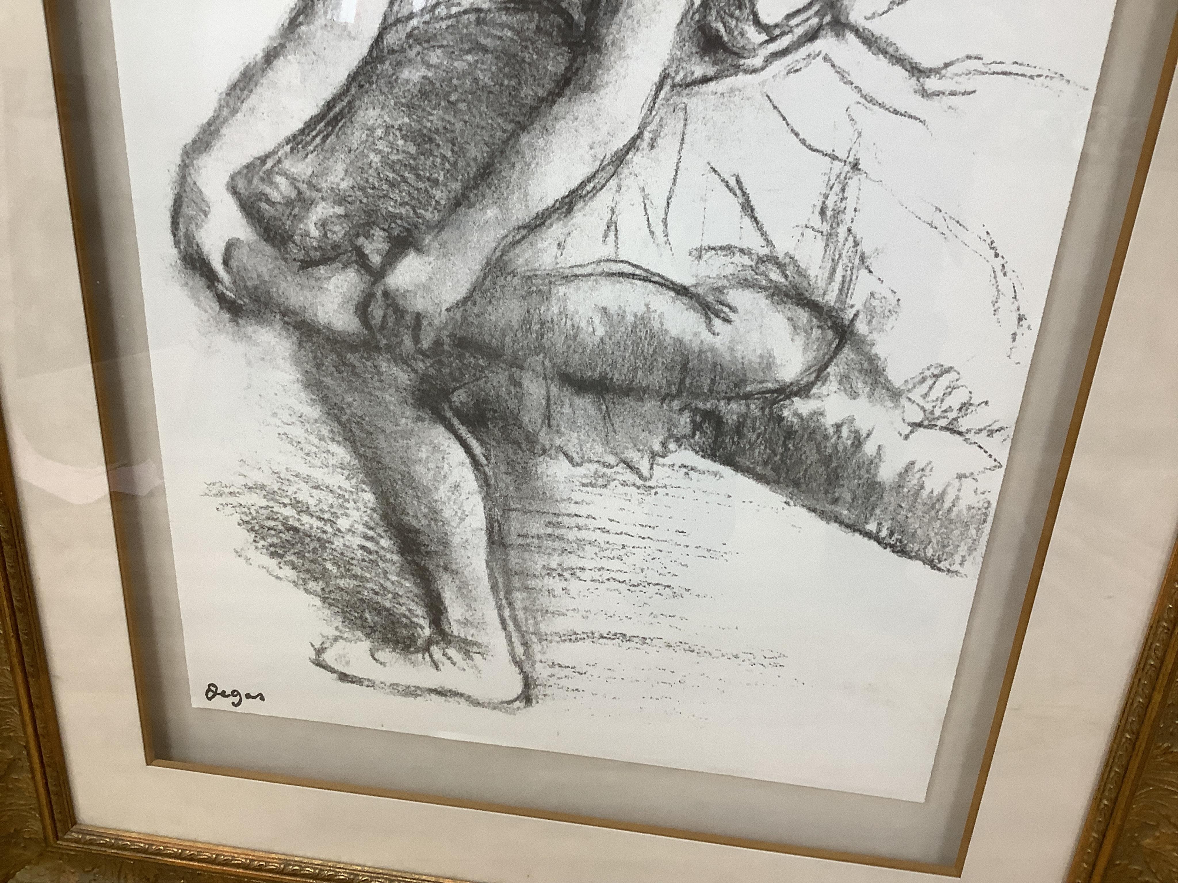 After Edgar Degas (1834-1917), colour lithograph, ’Danseuse assise ajustant son chausson’, 86 x 56cm, ornate gilt frame. Condition - good